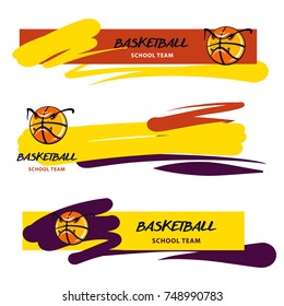 Freehand drawn template logo, banner , poster for basketball school, college team, sport club. Concept image stylized ball. Sketch vector illustration.