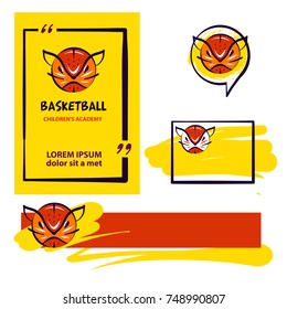 Freehand drawn template logo, banner , poster for basketball school, college team, sport club. Concept image stylized ball. Sketch vector illustration.