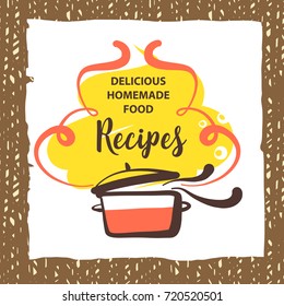 Freehand drawn template logo for cookery recipe. Sketch image of pan with soup with meat and vegetable. World cuisine. 