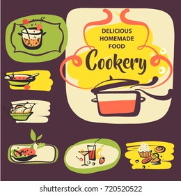 Freehand drawn template logo for cookery recipe. Sketch image of pan with soup with meat and vegetable. World cuisine. 