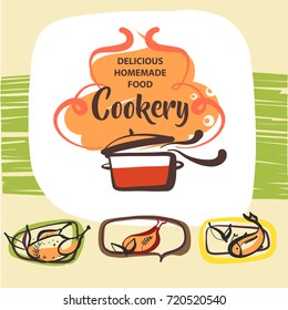 Freehand drawn template logo for cookery recipe. Sketch image of pan with soup with meat and vegetable. World cuisine. 