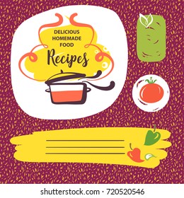 Freehand drawn template logo for cookery recipe. Sketch image of pan with soup with meat and vegetable. World cuisine. 
