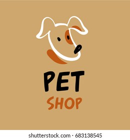 Freehand drawn template logo, icon, banner, poster for business pet shop, store with dog food. Sketch image of head of dog with text pet shop. 
