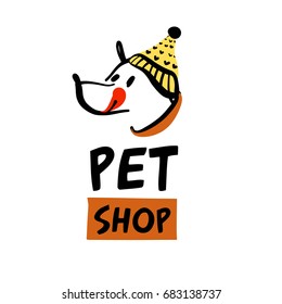 Freehand drawn template logo, icon, banner, poster for business pet shop, store with dog food. Sketch image of head of dog with text pet shop. 
