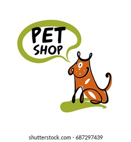 Freehand drawn template logo, icon, banner, poster for business pet shop, store with dog food. Sketch image of sitting dog with text pet shop. 