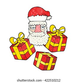 freehand drawn texture cartoon tired santa claus face with presents