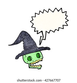 freehand drawn texture speech bubble cartoon skulll wearing witch hat