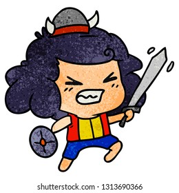 freehand drawn textured cartoon of kawaii viking child
