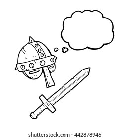 freehand drawn thought bubble cartoon medieval helmet