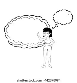 mujer de la sala de fitness con dibujos animados de burbujas de pensamiento dibujados a mano libre