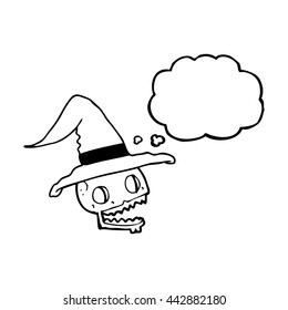 freehand drawn thought bubble cartoon skulll wearing witch hat