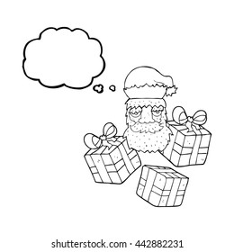 freehand drawn thought bubble cartoon tired santa claus face with presents