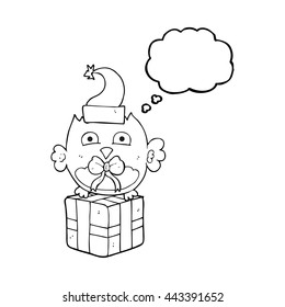 freehand drawn thought bubble cartoon christmas owl