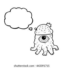 dibujo a mano libre de dibujos animados de burbuja de pensamiento alienígena usando sombrero