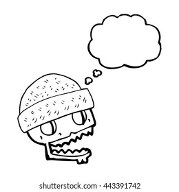 freehand drawn thought bubble cartoon skull wearing hat