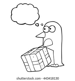 freehand drawn thought bubble cartoon penguin with christmas present