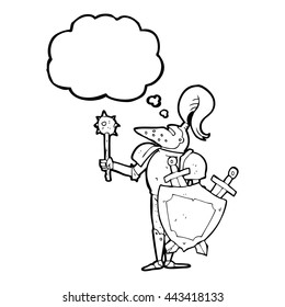 freehand drawn thought bubble cartoon medieval knight with shield