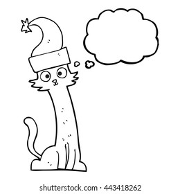 freehand drawn thought bubble cartoon cat in christmas hat