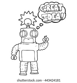 freehand drawn thought bubble cartoon robot with great idea