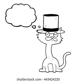 freehand drawn thought bubble cartoon cat in top hat