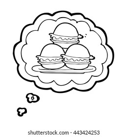 placa de caricatura de burbujas de pensamiento dibujada a mano libre de hamburguesas