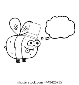 freehand drawn thought bubble cartoon bee wearing hat