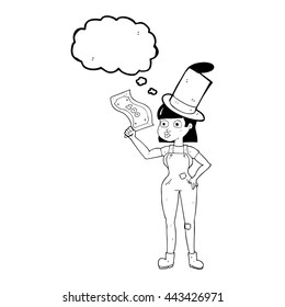 freehand drawn thought bubble cartoon woman holding on to money
