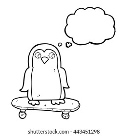 freehand drawn thought bubble cartoon penguin riding skateboard