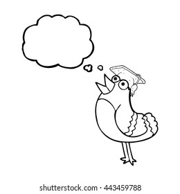freehand drawn thought bubble cartoon bird wearing graduation cap