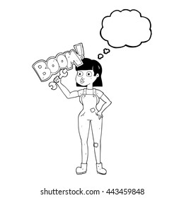 mujer mecánica de dibujos animados de burbuja de pensamiento dibujado a mano libre