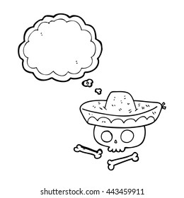 cráneo de caricatura de burbuja de pensamiento dibujado a mano libre en sombrero mexicano