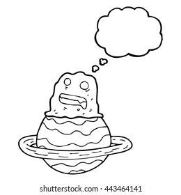freehand drawn thought bubble cartoon alien on planet