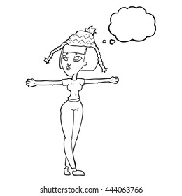 freehand drawn thought bubble cartoon woman wearing hat