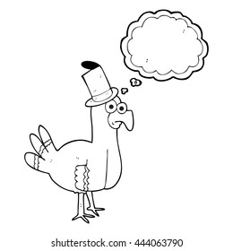 freehand drawn thought bubble cartoon bird wearing top hat