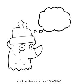 freehand drawn thought bubble cartoon bear wearing christmas hat