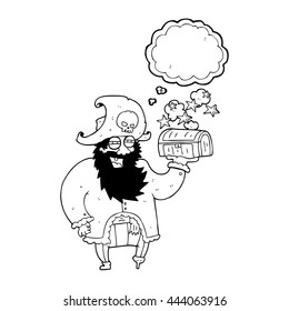 freehand drawn thought bubble cartoon pirate captain with treasure chest