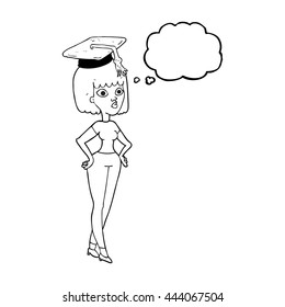 caricatura de burbuja de pensamiento dibujada a mano libre mujer con gorra de graduación
