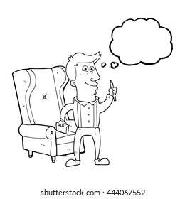 freehand drawn thought bubble cartoon man with notebook and pen