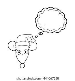 freehand drawn thought bubble cartoon mouse in christmas hat