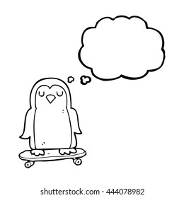 Cartoon-Vogel auf Skateboard mit gezeichneter Gedankenblase