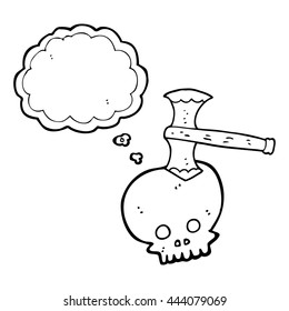 freehand drawn thought bubble cartoon axe in skull