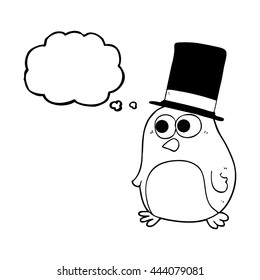 freehand drawn thought bubble cartoon bird wearing top hat