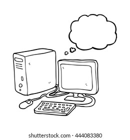 computadora de dibujos animados de burbujas de pensamiento dibujada a mano libre