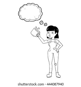 dibujo a mano libre de la burbuja de pensamiento de la trabajadora femenina con taza de café