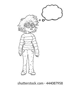 freehand drawn thought bubble cartoon geeky girl