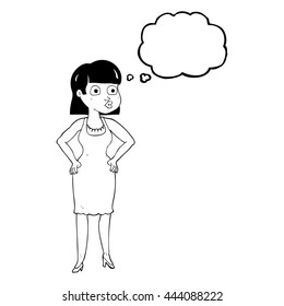 freehand drawn thought bubble cartoon woman in dress with hands on hips