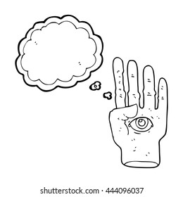 freehand drawn thought bubble cartoon spooky hand with eyeball