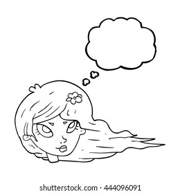 freehand drawn thought bubble cartoon woman with blowing hair