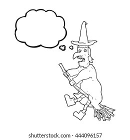 freehand drawn thought bubble cartoon witch flying on broom