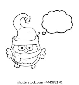 freehand drawn thought bubble cartoon owl wearing christmas hat